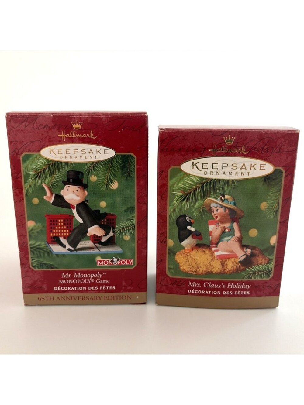 Lot 2 2000 Hallmark Keepsake Mr Monopoly 65th Anniversary & Mrs Claus Ornaments